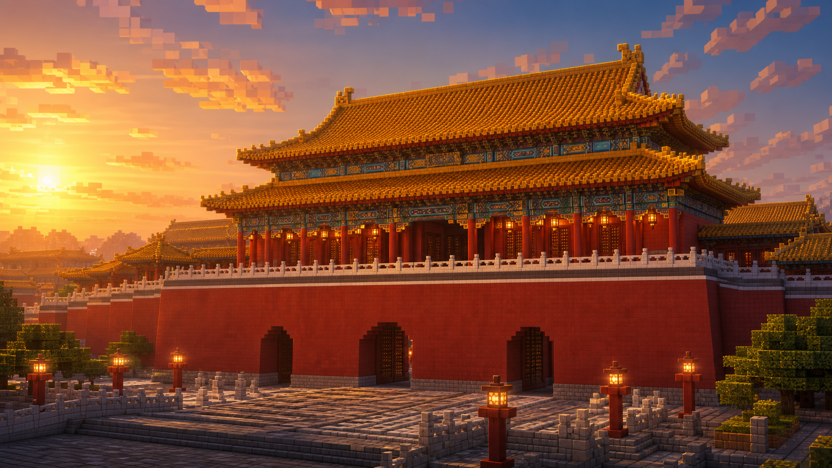 故宫午门，Minecraft 方块风格中国建筑场景