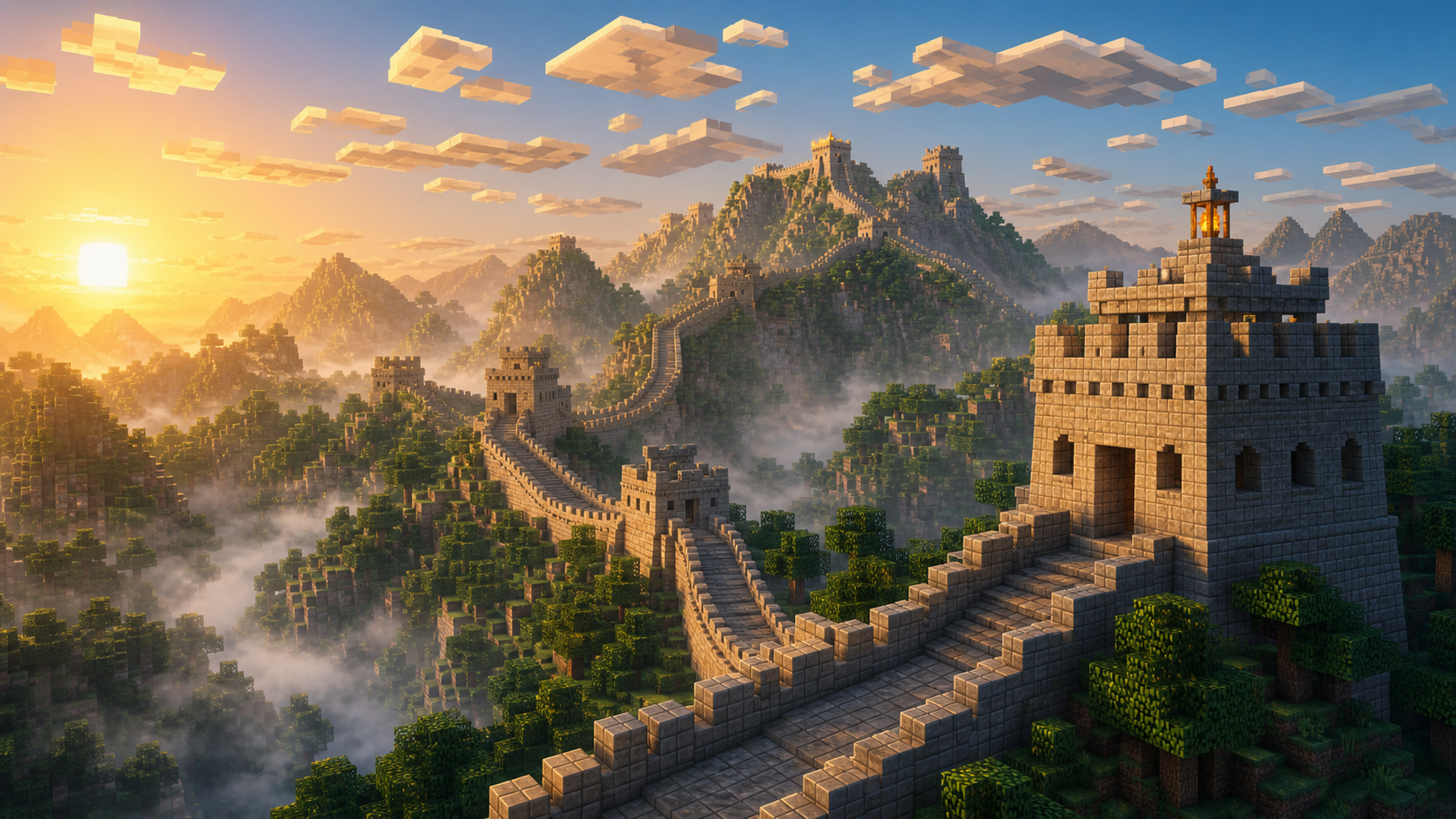 长城烽火台，Minecraft 方块风格中国建筑场景
