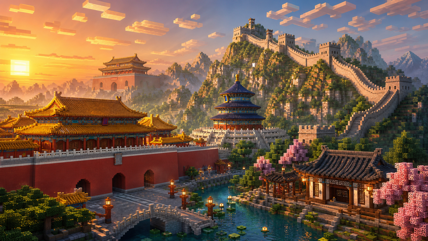 方块山河，Minecraft 方块风格中国建筑综合色图