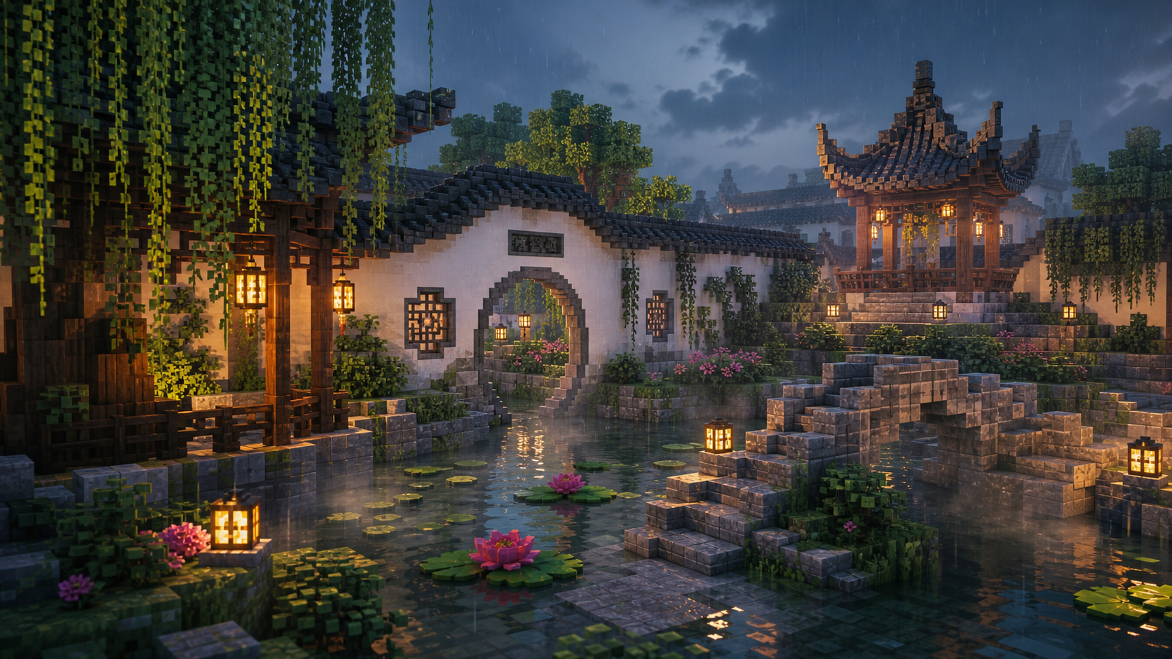 江南园林，Minecraft 方块风格中国建筑场景