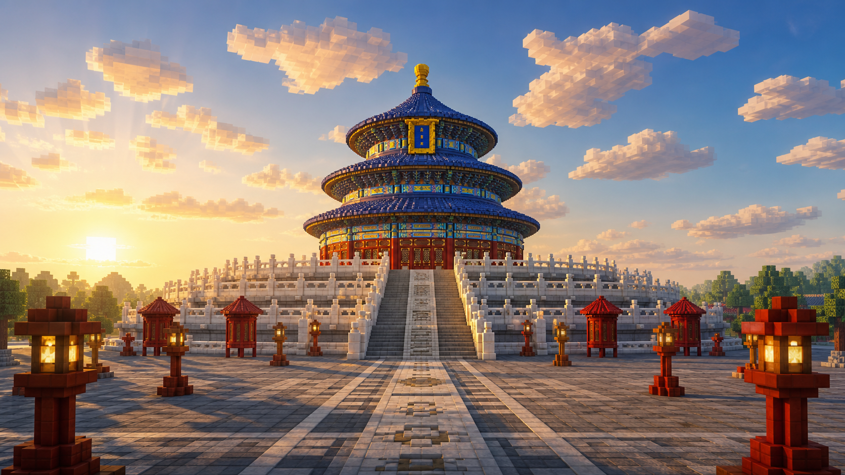天坛祈年殿，Minecraft 方块风格中国建筑场景