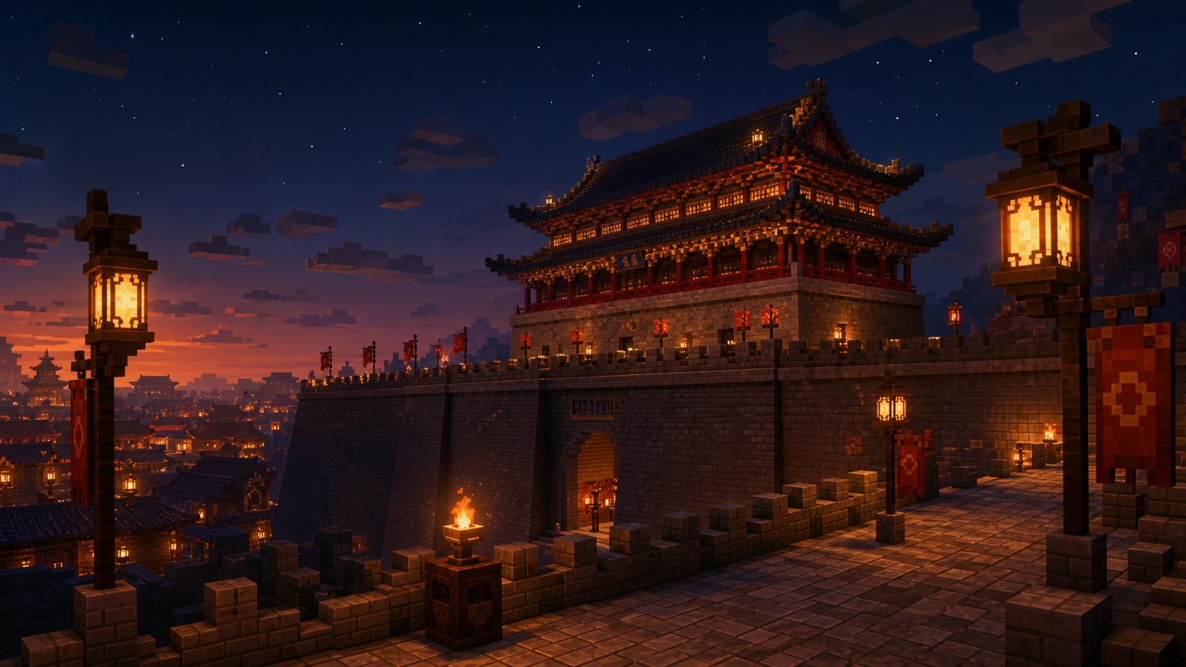西安城楼，Minecraft 方块风格中国建筑场景